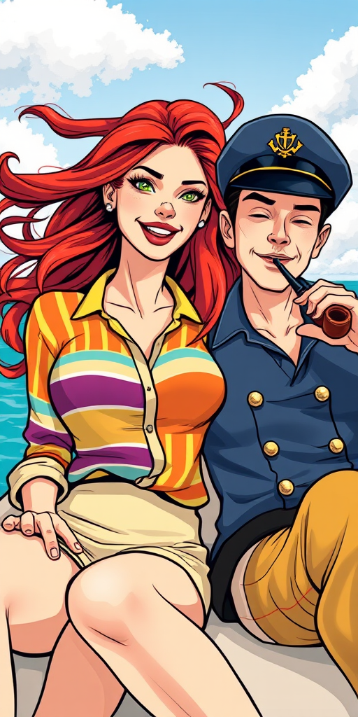 Create a vibrant comic-style illustration of a woman with flowing red hair wearing a colorful striped shirt and a man in a captain's outfit with a pipe, both relaxing on a boat, shot with a DSLR camera at f/2.8, ISO 100, 50mm lens, natural lighting for enhanced detail and vivid colors.
