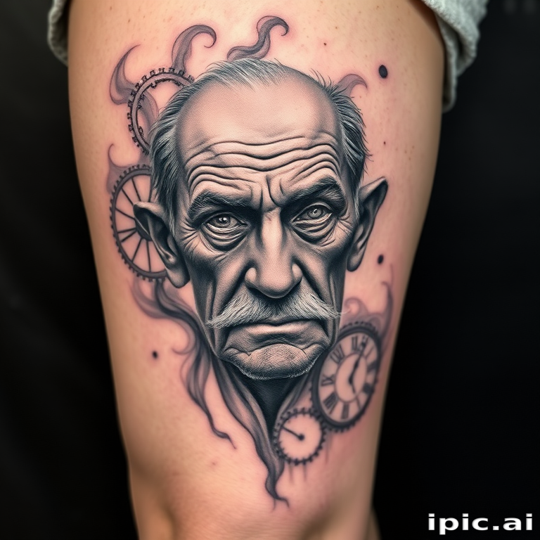 Realistic grayscale portrait tattoo on the thigh, depicting a wise elderly face with deep wrinkles and piercing eyes, surrounded by wisps of smoke and floating clock gears