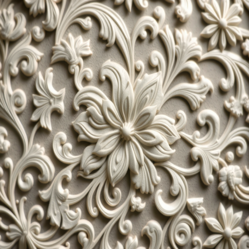 Generate a detailed image of intricate, swirling floral patterns in a monochromatic color scheme, captured with a DSLR camera using a 50mm lens at f/1.8, ISO 100, in soft natural lighting, top-down view, with a shallow depth of field to emphasize the texture and details of the design.