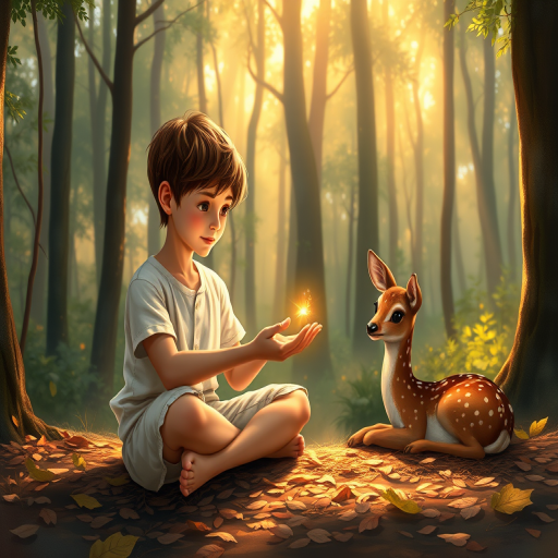 A luminous digital painting of a serene forest scene featuring a barefoot young boy, about 7 years old, with brown hair and fair skin, dressed in a simple white outfit. He sits cross-legged on the forest floor, gazing at a small, glowing, magical firefly in his hand. Beside him, a delicate spotted deer lies calmly on a bed of dried leaves, observing the scene. The dense forest is bathed in warm, golden light filtering through the trees, creating a peaceful, magical atmosphere with a blend of natural and mystical elements.