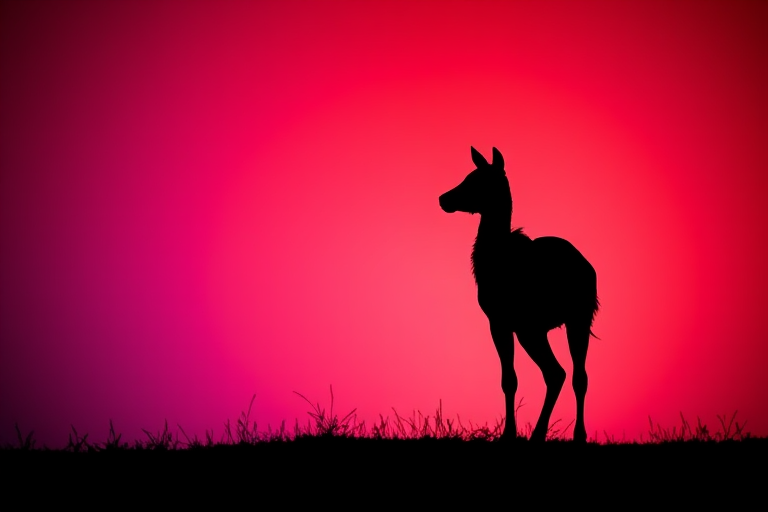 Generate a high-quality image of a stylized animal silhouette against a vibrant gradient background, using a Canon EOS R5 with a 50mm f/1.2 lens, aperture set to f/2.8, ISO 100, and a slight vignette effect for artistic depth.