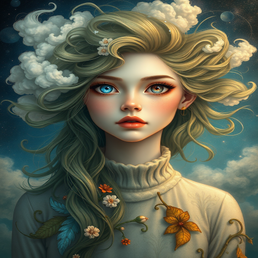 Create a series of imaginative portraits where each subject is infused with elements of fantasy and nature. The hair of the individuals should flow like clouds, varying from soft, fluffy cumulus to wispy cirrus strands, with hints of color reflecting a sunset or a clear blue sky. The eyes should be windows to entire galaxies, with stars, nebulae, and distant planets visible within them. Clothing should be adorned with nature motifs, such as floral patterns that bloom and change, vines that seem to grow and wrap around, or feathers that shimmer with iridescence. Each portrait should capture a unique personality, blending human features with the ethereal beauty of the natural and cosmic world. The backgrounds can vary, from starry night skies to enchanted forests, adding depth and context to the magical realism of the portraits