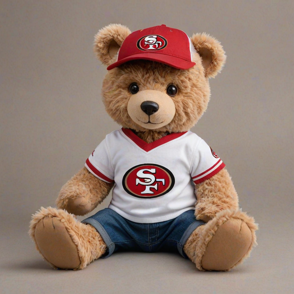 A cute and fluffy teddy bear dressed in a San Francisco 49ers-themed outfit, wearing a red cap with the 49ers logo, aviator sunglasses, and a white football jersey with red accents. The bear is also wearing casual jeans and red and white sneakers, while sitting in a relaxed pose with a football beside it. The teddy bear has a cool, laid-back attitude, with a sporty vibe. The background is clean and minimal, highlighting the bear as the main focus.