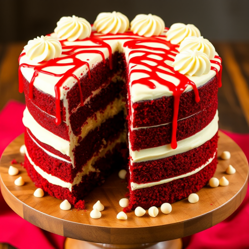 A three-layer red velvet cake with white frosting and swirls on top, featuring a slice removed to reveal the creamy yellow filling, drizzled with red icing, and surrounded by white chocolate chips on a wooden cake stand with a red cloth underneath.
