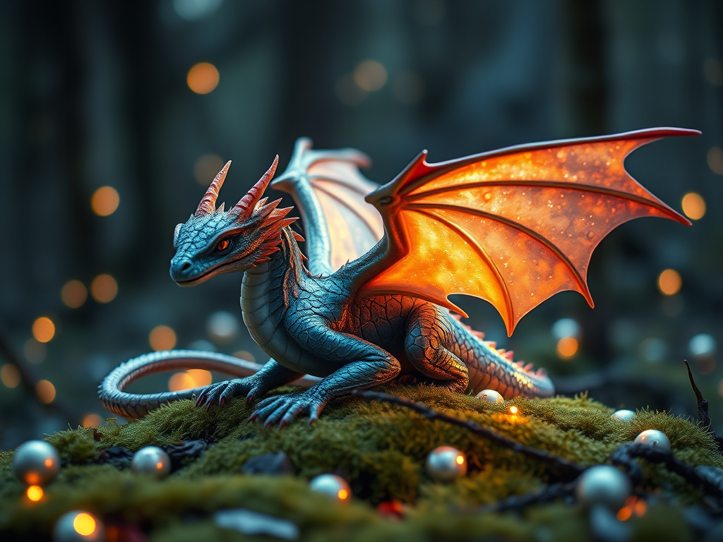 A mystical dragon with iridescent scales and glowing wings sitting on moss surrounded by shimmering orbs, captured in high detail using a DSLR camera, 85mm lens, f/1.8 aperture, ISO 200, soft focus with ambient lighting in a dimly lit forest setting.
