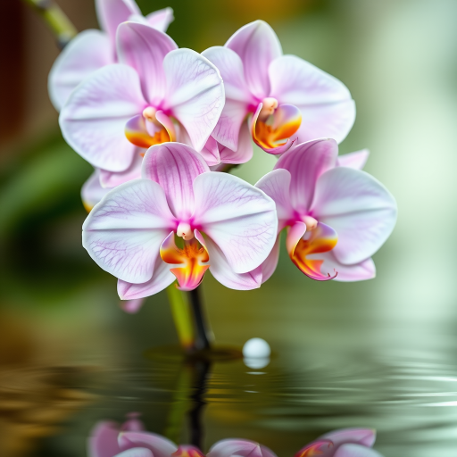 photograph a cluster of pink orchids with soft petals reflected on water, use a macro lens, aperture f/2.8, ISO 100, shutter speed 1/125 sec, natural light, 50mm lens, DSLR camera, focus on the flowers with a blurred background for depth effect