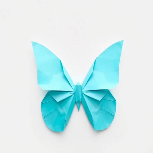 Create an image of a turquoise origami butterfly against a plain white background. The butterfly should have delicate wings and a smooth, folded appearance, showcasing the intricate art of origami.