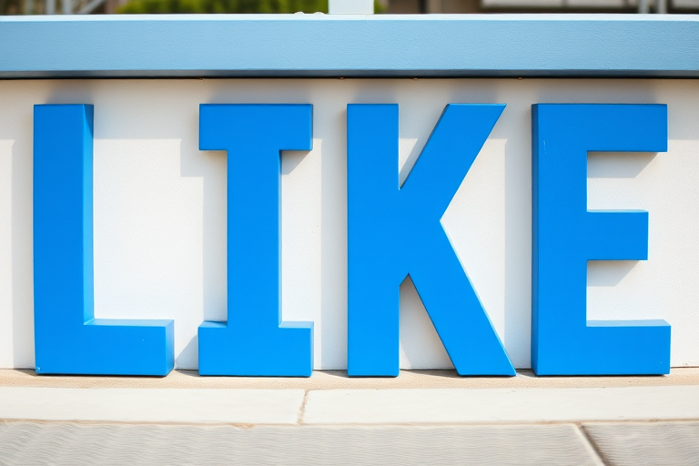 Create an image with bold, stylized letters spelling "LIKE" in vibrant blue with a slightly textured appearance, using a 50mm lens at f/1.8 for a shallow depth of field, captured from a slightly elevated angle with soft natural lighting using a DSLR camera.