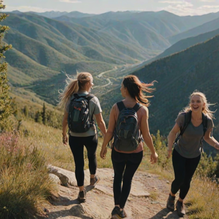 Group of friends hiking along a mountain trail, their laughter carried on the wind, as they reach a scenic overlook with a breathtaking view of the valley below.