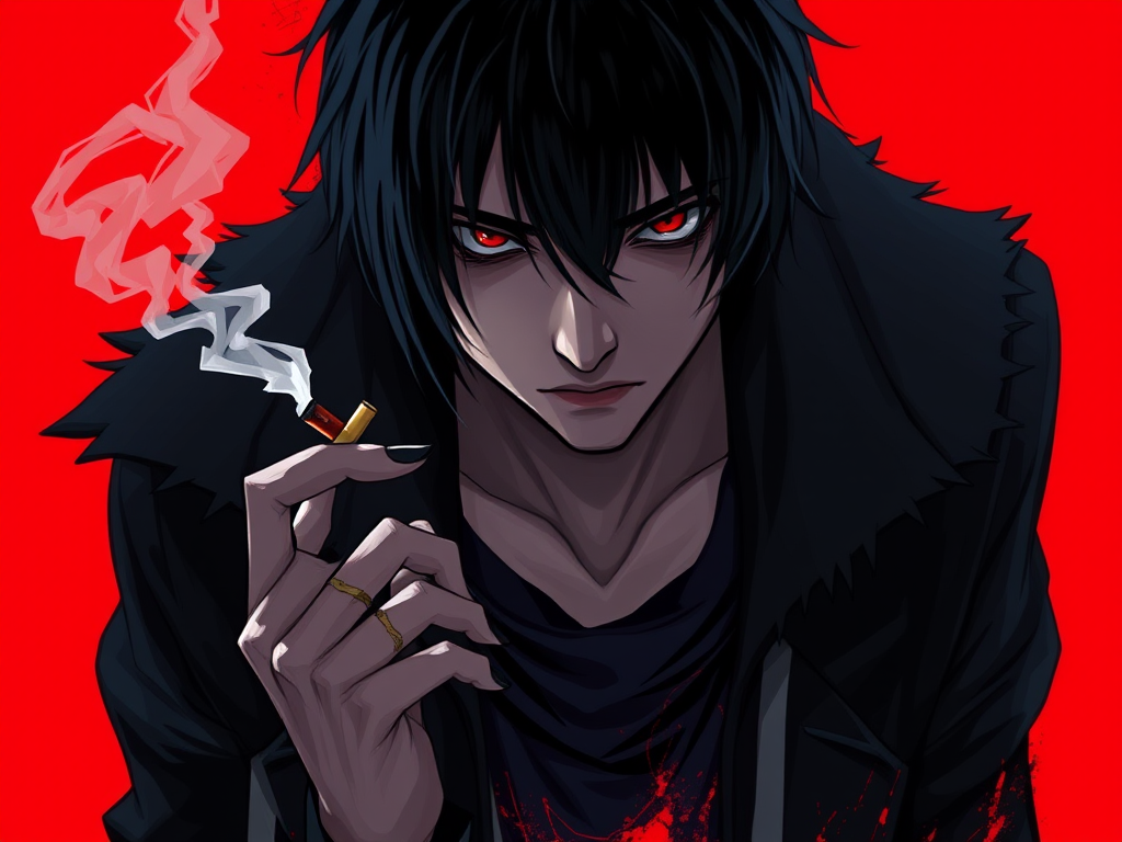 Create a high-resolution illustration of a dramatic character with dark clothing, holding a cigarette, set against a bold red background, using a digital painting style, DSLR camera type, 50mm lens, f/1.8 aperture, ISO 100, and natural lighting for enhanced detail and depth.