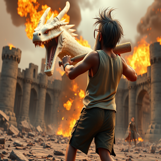 Cartoon 3D High-Resolution,dynamic battle scene using Unreal Engine 5 and Octane Render. The scene features back of an elderly, thai man with a beard,messy hair and round golden-rimmed glasses. He is wearing a tattered tank top with soot marks, shorts, and sandals. sweating. he wields a baseball bat. He jump to fight with a white fire-breathing Europe dragon amidst a partially destroyed stone castle. Include intense flames, smoke, and debris to enhance the dramatic effect.
