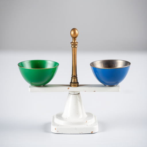 Create a high-resolution image of a traditional balance scale with one side colored green and the other blue, using a DSLR camera with a 50mm lens, f/1.8 aperture, 1/125s shutter speed, and a focal length of 50mm, shot from a slightly elevated angle to capture depth and detail.