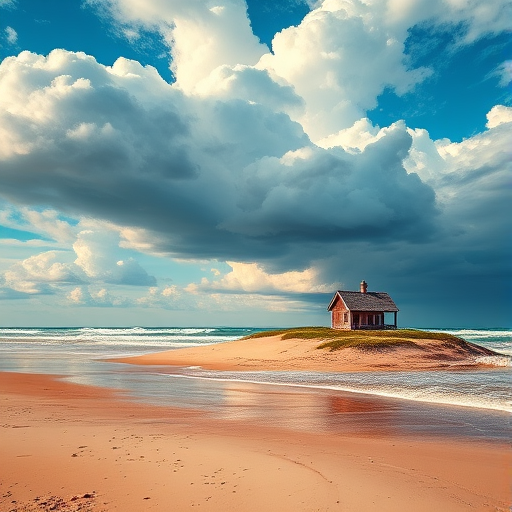 Create a vibrant digital painting of a beach landscape featuring a small house, with dramatic clouds and textured waves, using a Canon EOS 5D Mark IV with a 24-70mm f/2.8 lens, aperture set to f/8, ISO 100, and a wide-angle view.