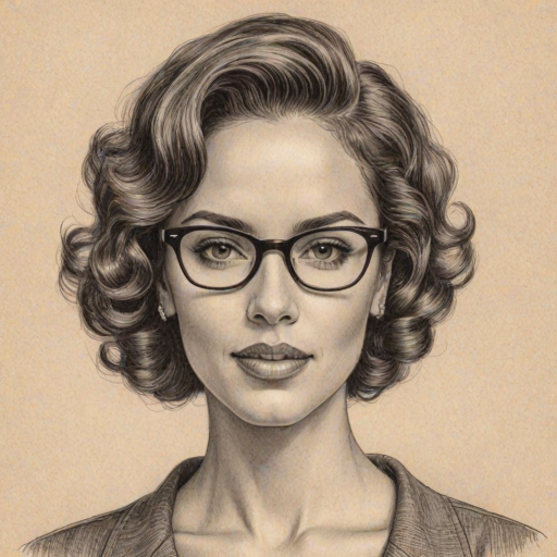 Comely Brittany Bell, pencil sketch, portrait of Ravishing woman 1952s in glasses, hair style beatnik, outline, clear lines, fine lines, 8k
