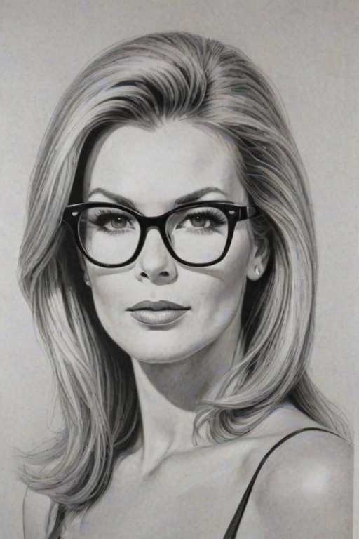 Alluring Katherine Kelly Lang, pencil sketch, portrait of Comely woman 1966s in glasses, hair style beatnik, outline, clear lines, fine lines, 8k