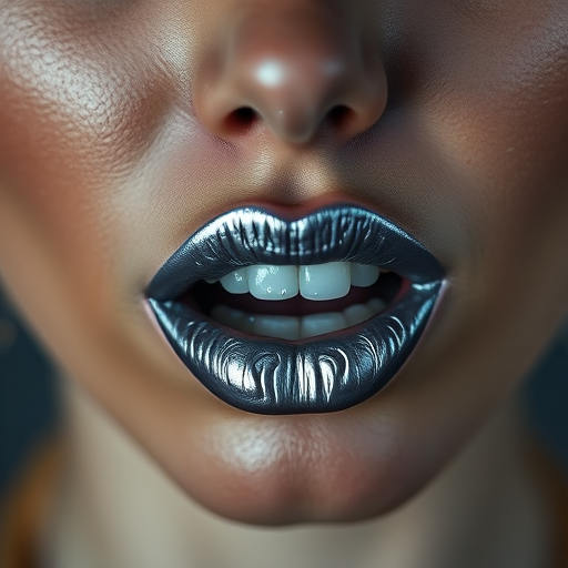 Fierce woman lips adorned with metallic silver lipstick and dark outline, full face image portraying futuristic edge and rebellious spirit