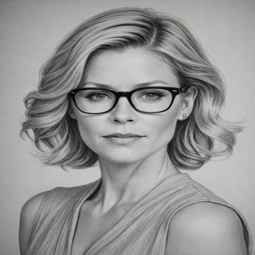 Radiant Julie Bowen, pencil sketch, portrait of Captivating woman 1936s in glasses, hair style beatnik, outline, clear lines, fine lines, 8k