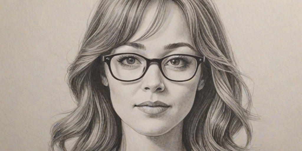 Elegant Autumn Reeser, pencil sketch, portrait of Pleasing woman 1964s in glasses, hair style beatnik, outline, clear lines, fine lines, 8k