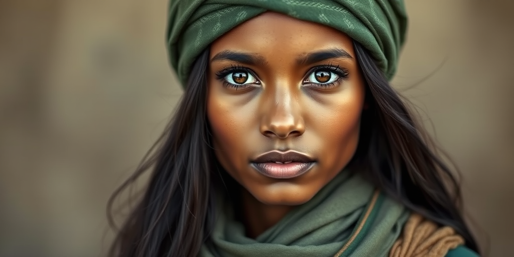 Create a portrait of a young Aboriginal Australian woman with long, dark hair and captivating hazel eyes. She is wearing a green headscarf and a matching scarf draped gracefully around her neck. The background is softly blurred, focusing attention on her serene and natural expression. The overall color palette is muted and warm, enhancing the intimate and authentic feel of the portrait.
