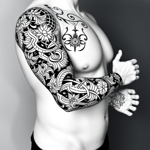 Tribal-inspired blackwork tattoo featuring intricate Polynesian-style patterns and symbols, woven together to form a cohesive full-sleeve design with bold negative space