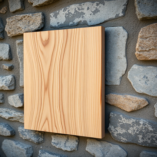 Create an image of a textured wooden board mounted on a weathered stone wall, using a DSLR camera with a 50mm lens, aperture set to f/2.8, shutter speed of 1/125 sec, ISO 200, natural lighting, and a shallow depth of field.
