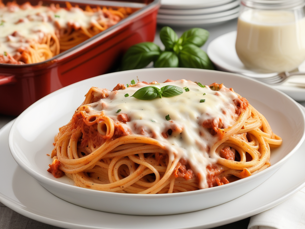baked spaghetti with alfredo and red sauce