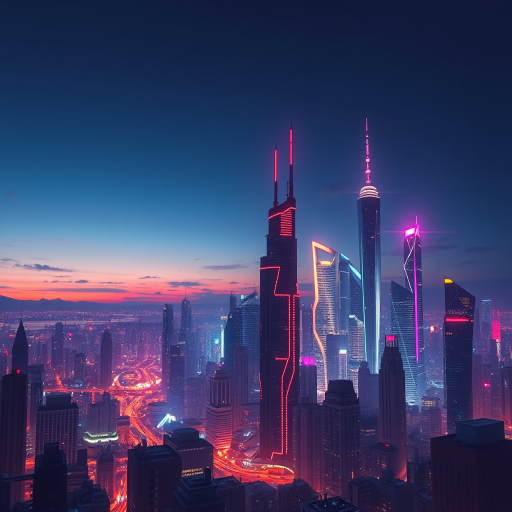 Create a high-resolution illustration of a futuristic city skyline at dusk with vibrant neon lights, using a DSLR camera, ISO 200, aperture f/8, shutter speed 1/60s, wide-angle lens, and shot from a high vantage point.