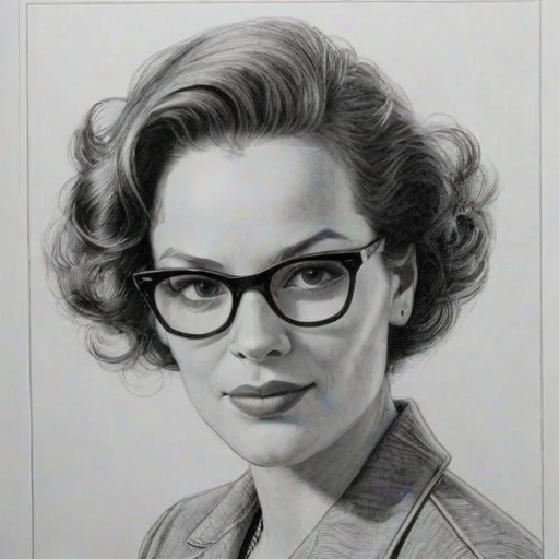 Wonderful Diedrich Bader, pencil sketch, portrait of Exquisite woman 1952s in glasses, hair style beatnik, outline, clear lines, fine lines, 8k