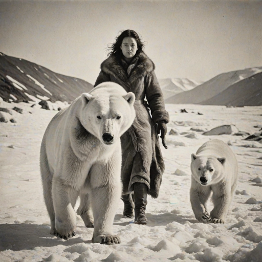 A very old photograph in black and white. The photo is badly damaged, faded, with scratches, tears, smudges and dirt. The photo is ultra-realistic and very detailed. It's a picture of an Arctic warrior. She is walking serenely towards the camera. At her side walks a majestic polar bear. Its fur shines in the sunlight. Snow, ice, sea. wind. snow in the air.