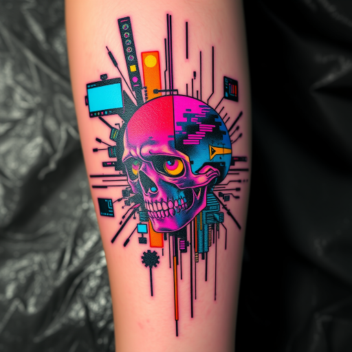 Glitch art tattoo called "Digital Disruption" incorporating pixelated elements distorted images and neon colors to create a futuristic cyberpunk-inspired design with a technological edge
