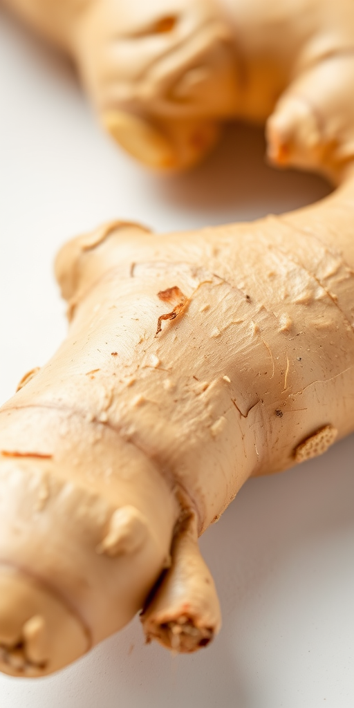 Close-up shot of fresh ginger root on a white background, taken with a DSLR camera, aperture f/2.8, ISO 100, shutter speed 1/125s, natural light, macro lens for enhanced detail and texture.