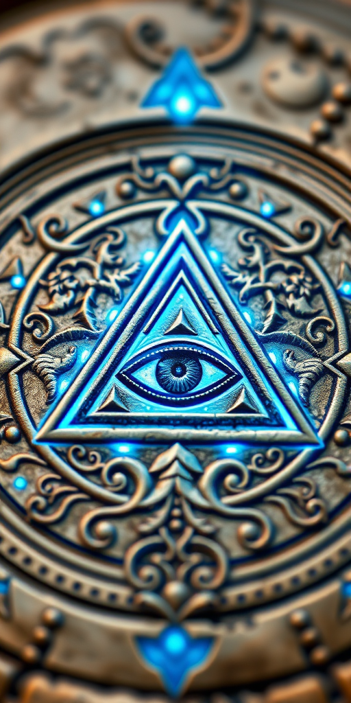 Create an intricate representation of an ancient symbol featuring an equilateral triangle with an eye in the center, surrounded by ornate tree-like patterns and glowing blue energy, captured with a DSLR camera at f/2.8, ISO 100, 24mm lens, shot in macro view to enhance detail with a soft focus background.