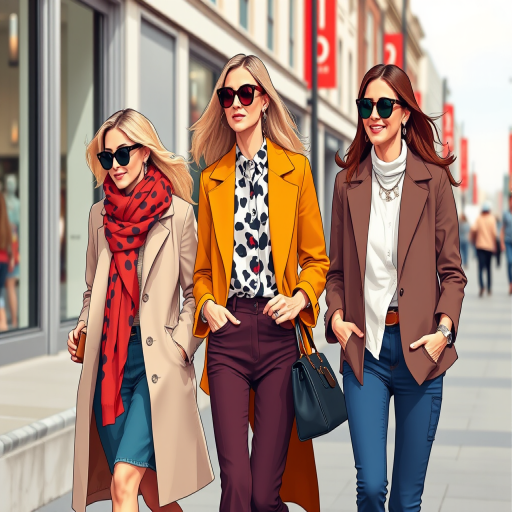 Generate an illustration of three fashionable women walking, capturing a vibrant street style scene, with a portrait orientation, using a Canon EOS 5D Mark IV camera at f/8, ISO 100, and a shutter speed of 1/125s, shot from a slightly low angle to emphasize their outfits and accessories.