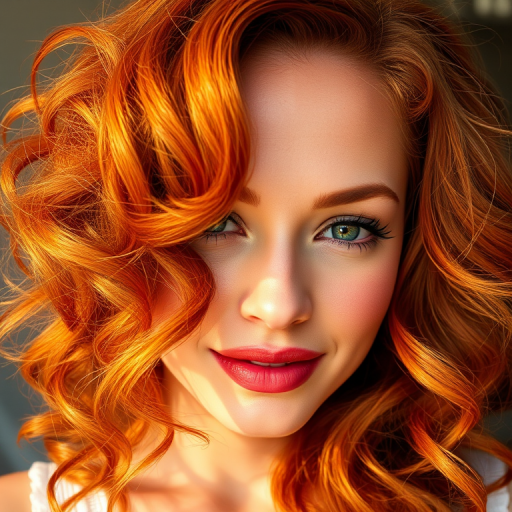 Radiant close-up of a woman with Sunburst Copper tresses, a rich orange-red hue with golden highlights, styled in voluminous vintage waves