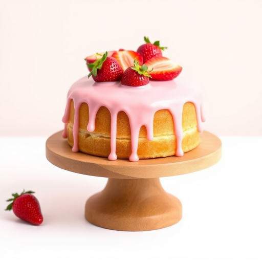 Create an image of a small round cake on a wooden cake stand with pink icing dripping down the sides and topped with fresh strawberries and a few sliced strawberries. The background should be simple and light to enhance the focus on the cake.