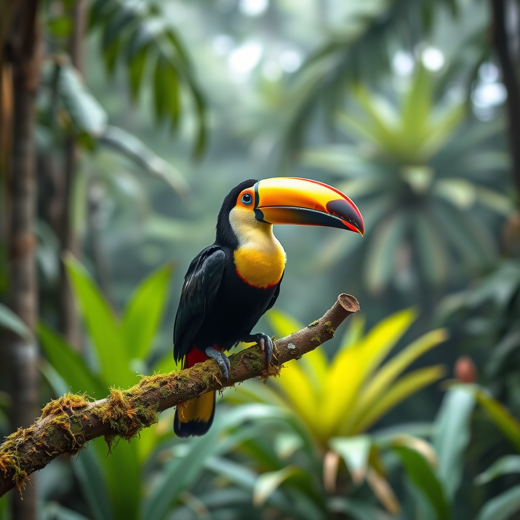 Capture a vibrant toucan perched on a mossy branch in a lush tropical rainforest, utilizing a DSLR camera with a 50mm lens, f/1.8 aperture, ISO 200, and a shallow depth of field for a soft background blur.
