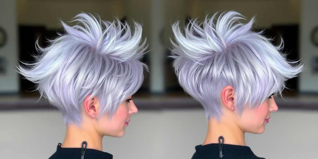 Striking silver pixie cut with dramatic swept-back volume and subtle lilac undertones, styled to resemble windswept feathers dubbed "Storm Chaser" radiating strength and dynamism