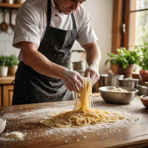 High-resolution image of a chef's hands preparing fresh pasta on a wooden countertop, flour dusting the surface, dough being rolled out, soft morning light streaming through the kitchen window, herbs and vegetables scattered around, a pot of water boiling in the background.
