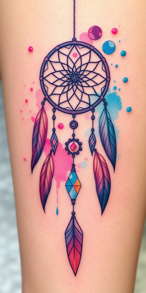 Enchanting watercolor splash tattoo of a dreamcatcher with flowing feathers and crystals, featuring a soft pastel palette blending seamlessly into skin, evoking a sense of ethereal beauty