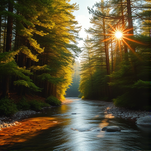 Create an image of a serene, sunlit forest scene with a clear, gently flowing river. Tall trees with lush green foliage line both sides of the river, their leaves bathed in the warm golden light of the setting or rising sun. The sunlight filters through the trees, casting soft, dappled light on the river, which flows over smooth rocks and pebbles, creating a peaceful, natural atmosphere. The sky is bright with a few scattered clouds, and the overall mood is tranquil, evoking a deep sense of connection with nature. The image captures the beauty of a calm, pristine forest landscape at either dawn or dusk.