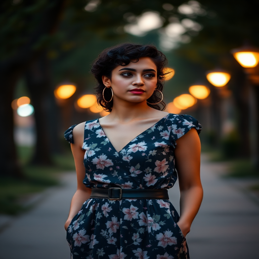 Midshot, woman, dusk setting, outdoor, floral dress, black belt, standing, bokeh background, street lights, tree-lined pathway, medium shot, contemplative expression, curly hair, natural makeup, hoop earrings, hand in pocket, warm color tone, blurred background, shallow depth of field, fashionable attire, young adult, dusk lighting