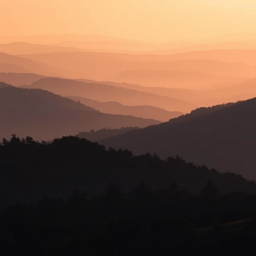 Generate a serene landscape of layered mountains in the background with dense silhouettes of trees in the foreground, using a Canon EOS R5 with a 50mm f/1.2 lens, aperture set to f/8 for greater depth of field, ISO 100 for minimal noise, and captured at sunrise for soft, diffused lighting to enhance colors and contrasts.