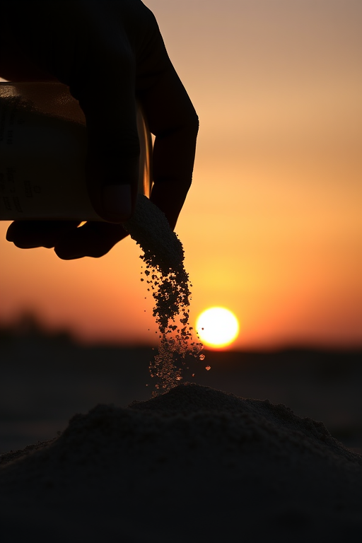 silhouette of a hand pouring sand from a container against a sunset backdrop, 50mm lens, f/1.8 aperture, 1/2000 sec shutter speed, ISO 100, shot from a low angle to emphasize the texture of the sand and the glow of the sunset, DSLR camera