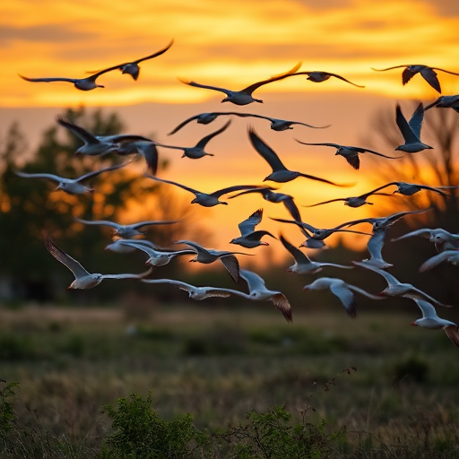 Generate an image of a flock of birds flying in a natural setting, using a DSLR camera with a 50mm lens, aperture f/2.8, ISO 200, shutter speed 1/1000s, in the golden hour for soft lighting and a vibrant sky.