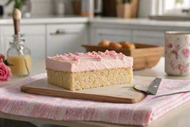 Create an image of a rectangular cake topped with a smooth layer of light pink frosting. The cake is placed on a white cutting board, with a bowl of leftover frosting and a spatula nearby. Surrounding the scene is a floral patterned kitchen towel and a cooling rack in the background. The overall setting should feel warm and inviting, with soft lighting that highlights the textures of the cake and frosting.
