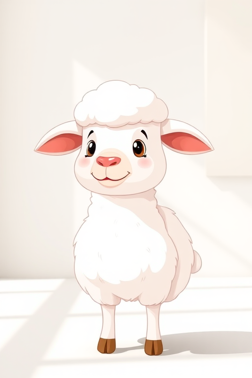 Create a cartoon-style illustration of a sheep standing upright with a fluffy white coat, soft facial features, and a cute expression in a bright, clean environment, captured with a DSLR camera at f/8 aperture, 50mm lens, ISO 100, under natural lighting.