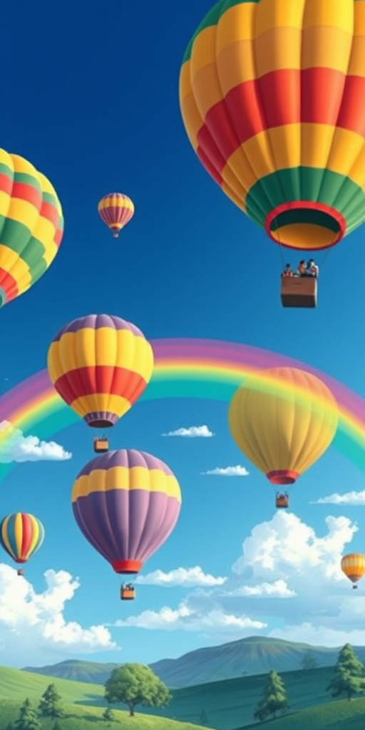 Create a vibrant illustration of colorful hot air balloons floating in a bright blue sky with fluffy white clouds, incorporating a rainbow arching over a green landscape with stylized trees; use a digital art style with a wide-angle view, high saturation, soft shadows, and a resolution of 300 DPI.