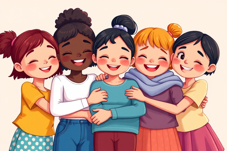 Generate a vibrant digital illustration of five diverse cartoon girls hugging each other, capturing joyful expressions with bright colors, using a Canon EOS R5 camera, f/5.6 aperture, 35mm lens, and soft lighting for enhanced image quality.