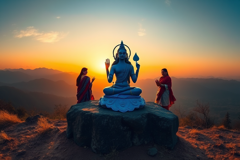 Create an image of a serene landscape at sunset with a blue figure of a deity seated on a rock, flanked by two figures in traditional attire, mountains in the background, soft golden light, using a DSLR camera with a 50mm lens, f/2.8 aperture, ISO 100, and a panoramic view to enhance depth and clarity.