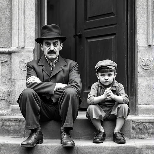 A black-and-white photograph of a man and a child sitting on steps in front of a doorway. The man is dressed as a tramp with a bowler hat, mustache, and ragged clothes, reminiscent of Charlie Chaplin's iconic look. He is sitting with his arms crossed and an expression of slight sadness or frustration. Next to him is a young boy, also in worn clothes and a cap, sitting with his hands clasped, looking thoughtful. The background is an old, textured wall and a partially open door, creating a vintage, early 20th-century atmosphere.